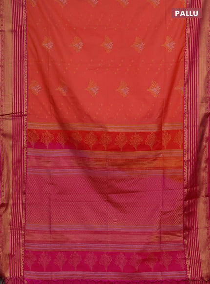 Semi soft silk saree peach orange and pink with allover zari woven buttas and zari woven border