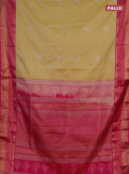 Semi soft silk saree pale yellow and pink with allover zari woven buttas and zari woven border
