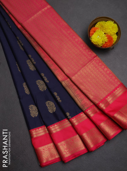 Semi soft silk saree dark grey and pink with allover zari woven buttas and rettapet zari woven border