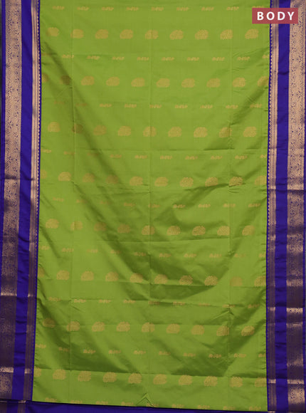 Semi soft silk saree light green and blue with allover zari woven buttas and rettapet zari woven border