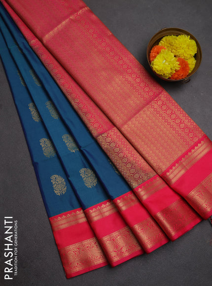 Semi soft silk saree dual shade of bluish green and pink with allover zari woven buttas and rettapet zari woven border
