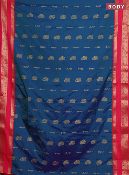 Semi soft silk saree dual shade of bluish green and pink with allover zari woven buttas and rettapet zari woven border
