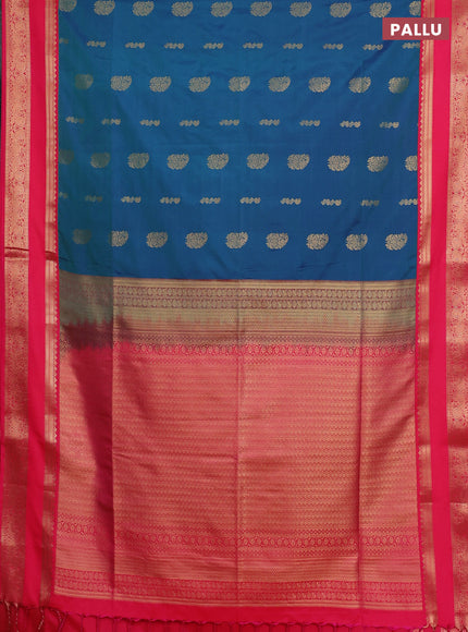 Semi soft silk saree dual shade of bluish green and pink with allover zari woven buttas and rettapet zari woven border