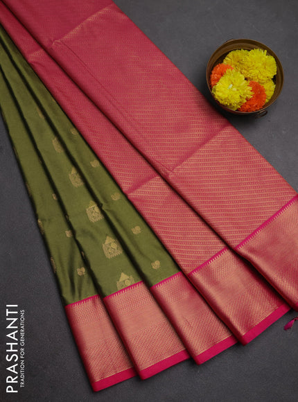 Semi soft silk saree mehendi green and pink with zari woven buttas and zari woven border