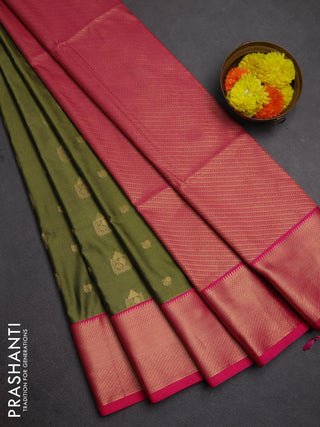 Semi soft silk saree mehendi green and pink with zari woven buttas and zari woven border