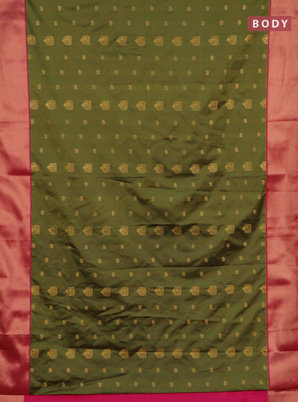 Semi soft silk saree mehendi green and pink with zari woven buttas and zari woven border