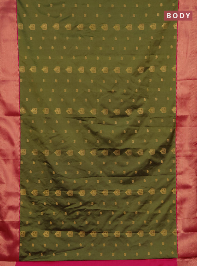 Semi soft silk saree mehendi green and pink with zari woven buttas and zari woven border