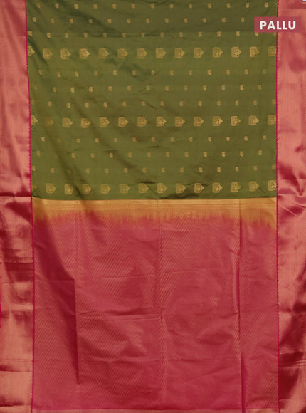 Semi soft silk saree mehendi green and pink with zari woven buttas and zari woven border