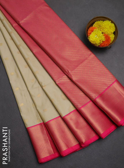 Semi soft silk saree beige and pink with zari woven buttas and zari woven border