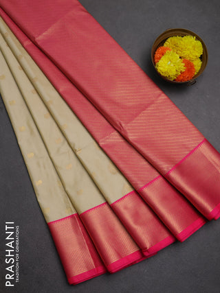 Semi soft silk saree beige and pink with zari woven buttas and zari woven border