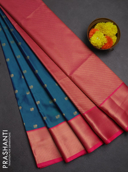 Semi soft silk saree dual shade of bluish green and pink with zari woven buttas and zari woven border