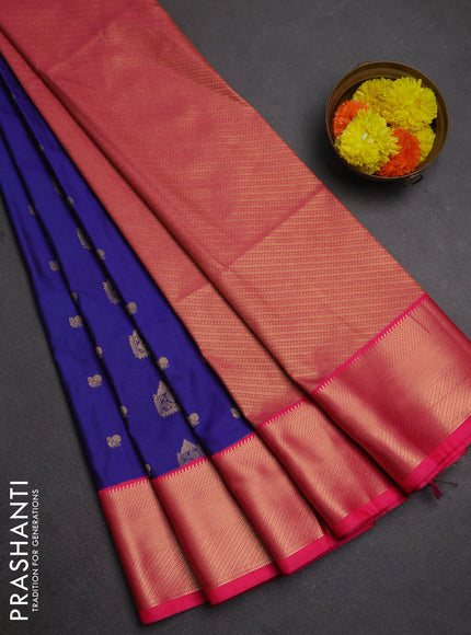 Semi soft silk saree blue and pink with zari woven buttas and zari woven border