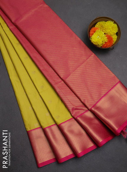 Semi soft silk saree lime yellow and pink with zari woven buttas and zari woven border