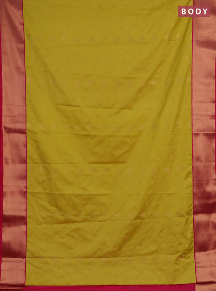 Semi soft silk saree lime yellow and pink with zari woven buttas and zari woven border