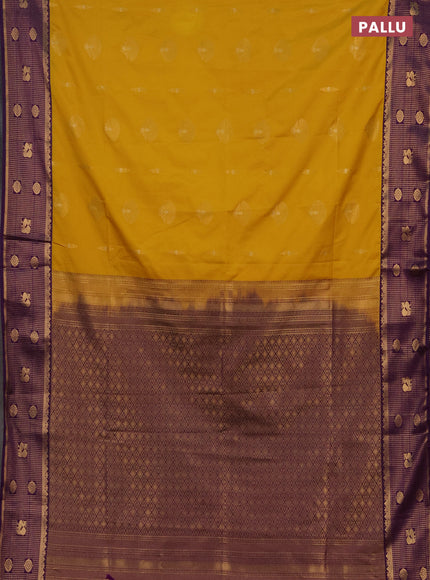 Semi soft silk saree yellow and purple with zari woven buttas and zari woven border