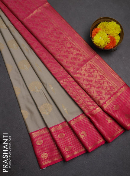 Semi soft silk saree beige and pink with zari woven buttas and zari woven border
