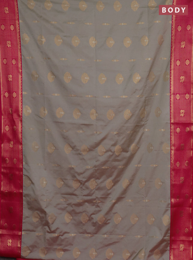 Semi soft silk saree beige and pink with zari woven buttas and zari woven border