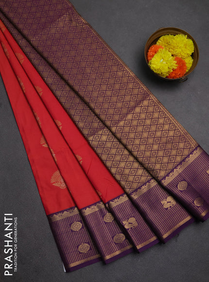 Semi soft silk saree red and purple with zari woven buttas and zari woven border