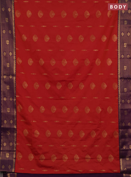 Semi soft silk saree red and purple with zari woven buttas and zari woven border