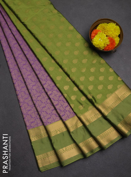 Semi soft silk saree lavender and mehendi green with allover zari woven brocade weaves and rettapet zari woven border