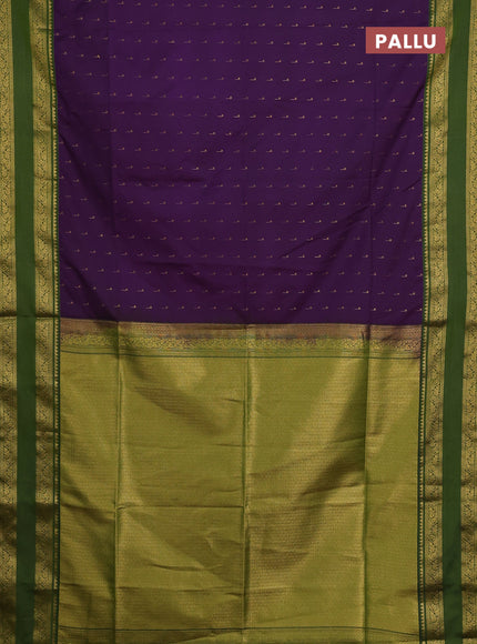 Semi soft silk saree purple and sap green with allover zari woven buttas and rettapet zari woven border