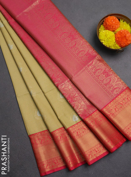 Semi soft silk saree beige and pink with allover small zari checks & buttas and zari woven border