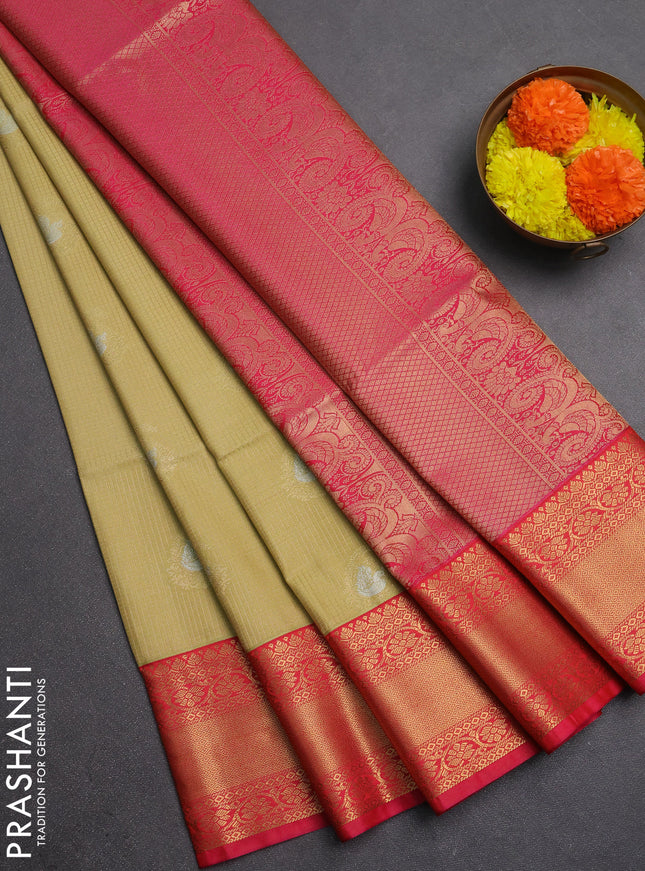 Semi soft silk saree beige and pink with allover small zari checks & buttas and zari woven border