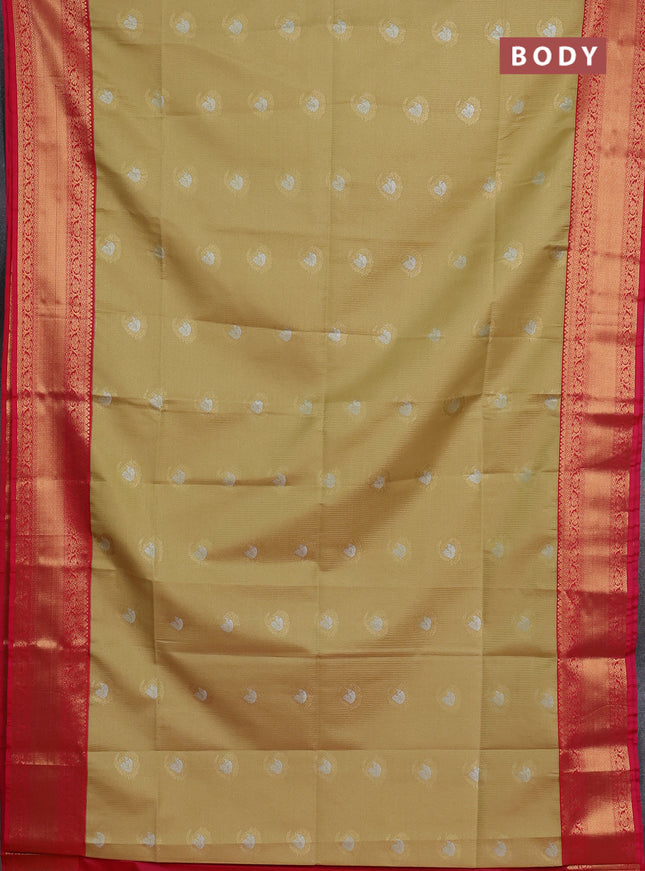 Semi soft silk saree beige and pink with allover small zari checks & buttas and zari woven border
