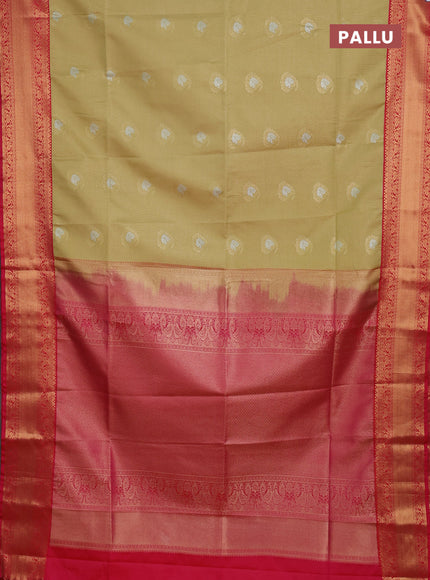 Semi soft silk saree beige and pink with allover small zari checks & buttas and zari woven border