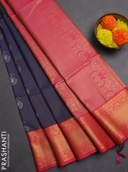 Semi soft silk saree navy blue and pink with allover small zari checks & buttas and zari woven border