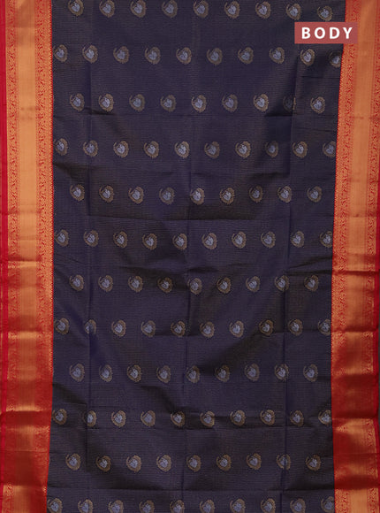 Semi soft silk saree navy blue and pink with allover small zari checks & buttas and zari woven border