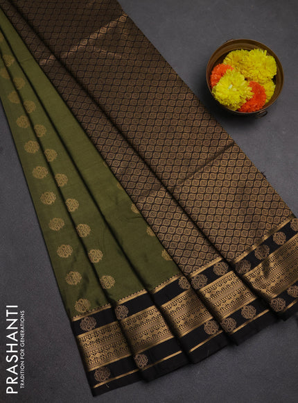 Semi soft silk saree mehendi green and coffee brown with allover zari woven buttas and zari woven border