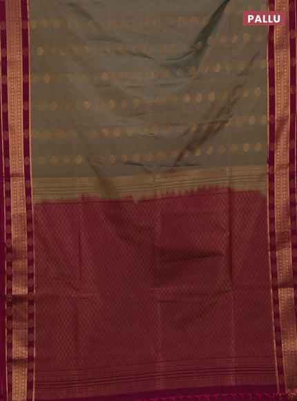 Semi soft silk saree chikku shade and magenta pink with allover zari woven buttas and zari woven border