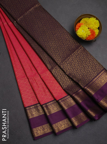 Semi soft silk saree pink and purple with allover zari woven brocade weaves and rettapet zari woven border