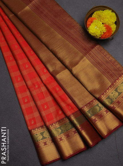 Semi soft silk saree orange and maroon with allover zari checks & buttas and rich zari woven border