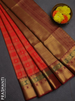 Semi soft silk saree orange and maroon with allover zari checks & buttas and rich zari woven border