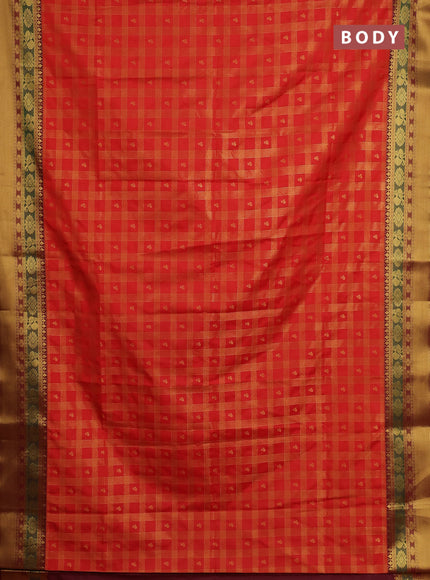 Semi soft silk saree orange and maroon with allover zari checks & buttas and rich zari woven border