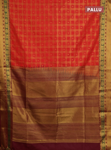 Semi soft silk saree orange and maroon with allover zari checks & buttas and rich zari woven border