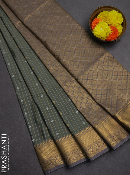 Semi soft silk saree greyish green and grey with allover silver & gold zari weaves and zari woven border