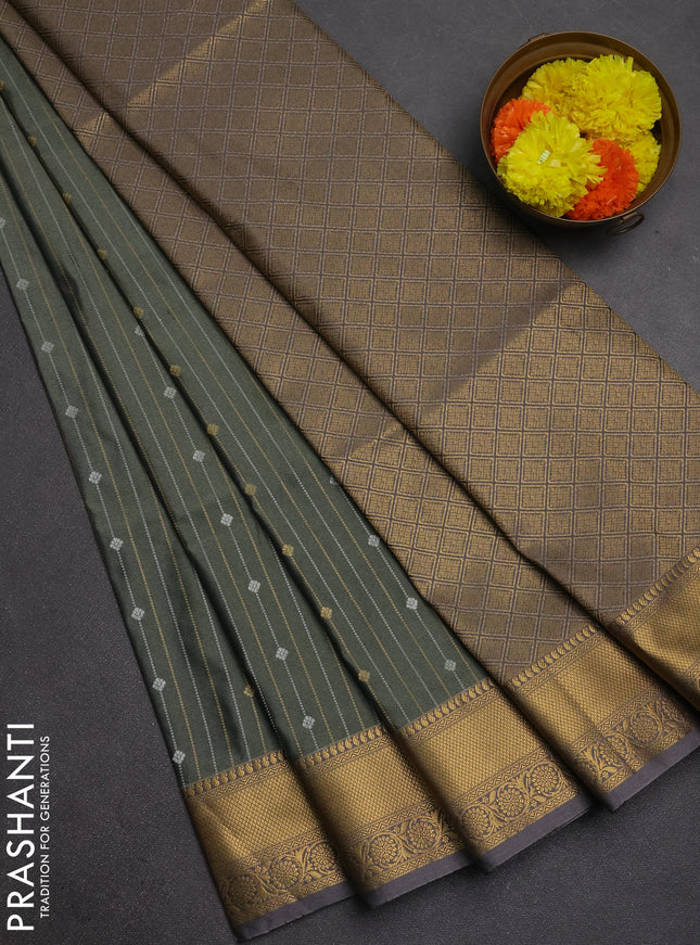 Semi soft silk saree greyish green and grey with allover silver & gold zari weaves and zari woven border