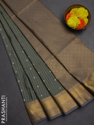 Semi soft silk saree greyish green and grey with allover silver & gold zari weaves and zari woven border