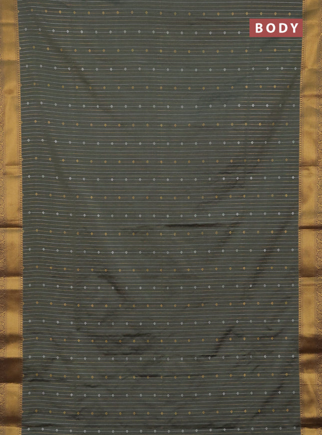 Semi soft silk saree greyish green and grey with allover silver & gold zari weaves and zari woven border