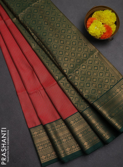 Semi soft silk saree red and bottle green with allover zari weaves and zari woven border