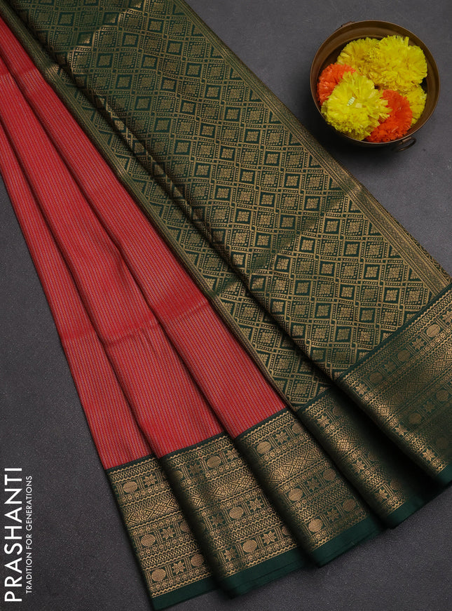 Semi soft silk saree red and bottle green with allover zari weaves and zari woven border