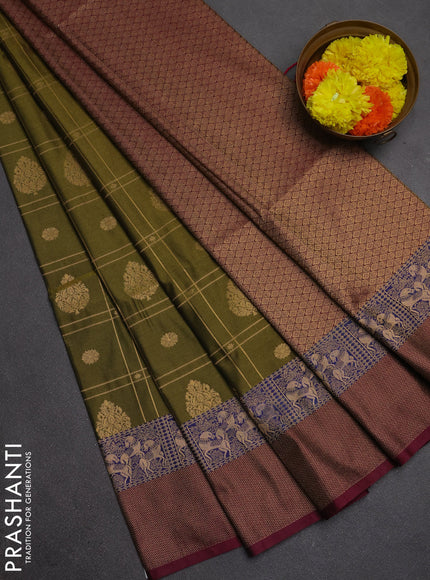 Semi soft silk saree mehendi green and magenta pink blue with allover zari checks & buttas and zari woven border