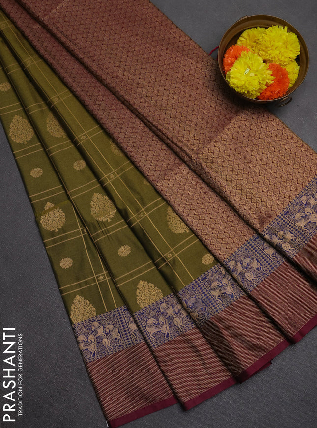 Semi soft silk saree mehendi green and magenta pink blue with allover zari checks & buttas and zari woven border