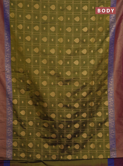 Semi soft silk saree mehendi green and magenta pink blue with allover zari checks & buttas and zari woven border