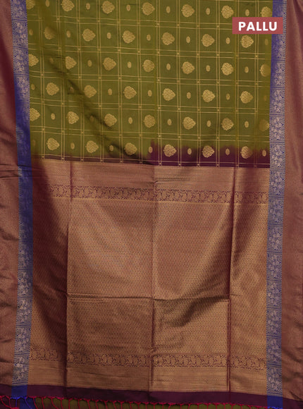 Semi soft silk saree mehendi green and magenta pink blue with allover zari checks & buttas and zari woven border