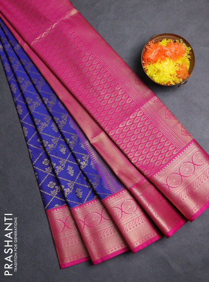 Semi soft silk saree blue and pink with allover zari checks & buttas and zari woven border