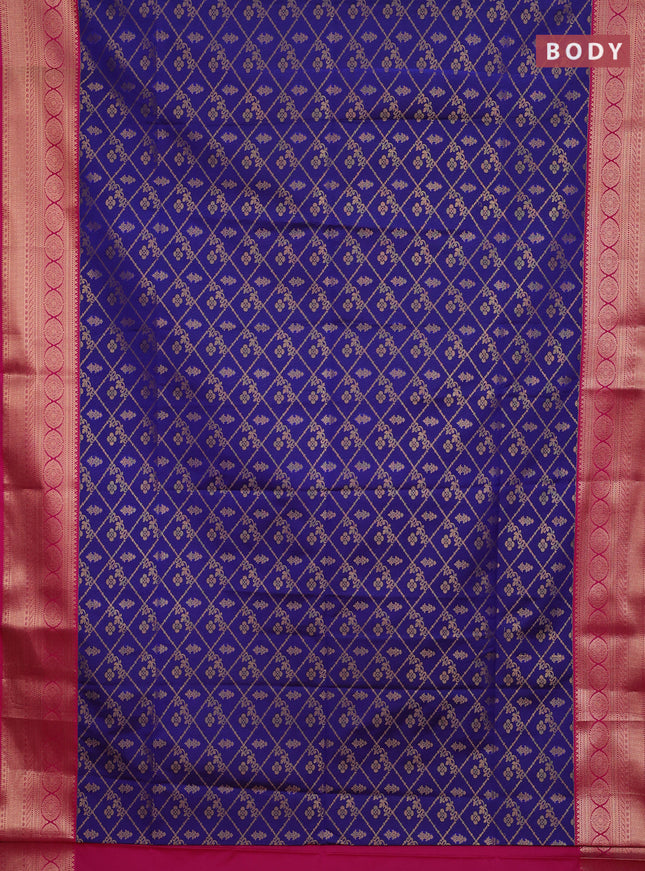 Semi soft silk saree blue and pink with allover zari checks & buttas and zari woven border